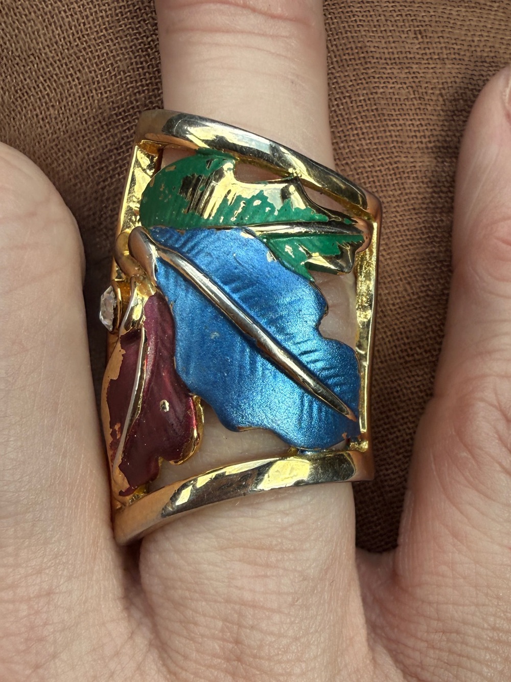 Hand Crafted Multicolor Leaf Statement Ring - Blue, Green, Red, Gold